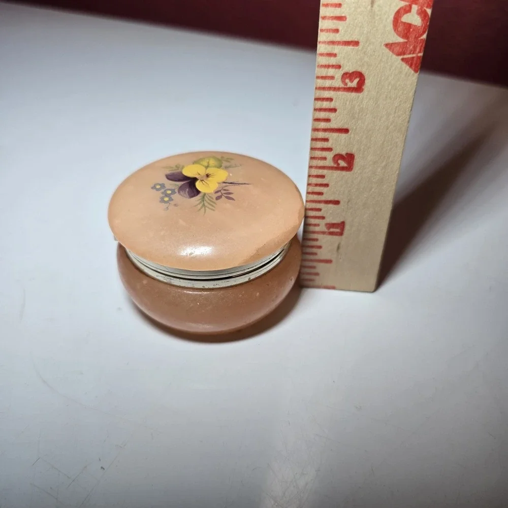 Alabaster Trinket Jewelry Box Carved Brown Marble‎ Floral Hinged Round Vintage
